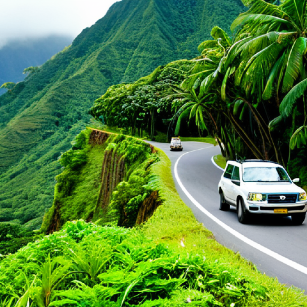 Mountain Road Caution**

"Scenic view of a winding mountain road in Dominica, lush green vegetation, a fully clothed driver carefully navigating a curve in a 4x4 vehicle, appropriate attire, daytime, safe for work, perfect anatomy, natural proportions, professional photography, high quality, modest setting, family-friendly."

**