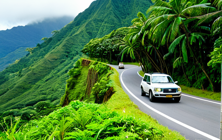 Mountain Road Caution**

"Scenic view of a winding mountain road in Dominica, lush green vegetation, a fully clothed driver carefully navigating a curve in a 4x4 vehicle, appropriate attire, daytime, safe for work, perfect anatomy, natural proportions, professional photography, high quality, modest setting, family-friendly."

**
