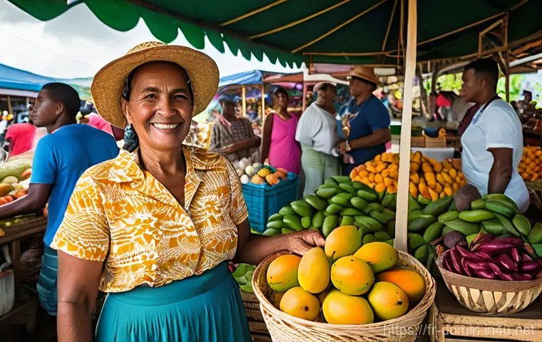 도미니카 연방에서 꼭 먹어야 할 음식 - Image Prompt 1: Vibrant Roseau Market**