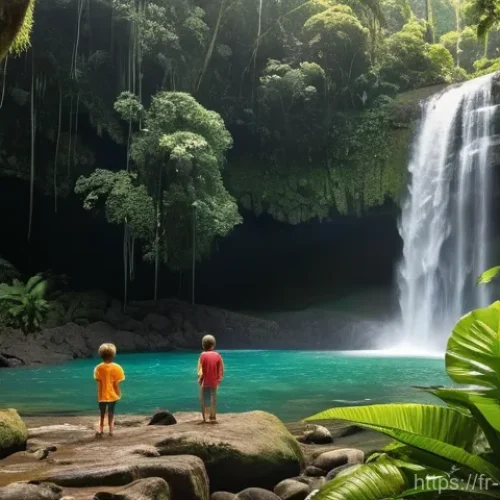 도미니카 연방 가족 여행 추천 - **Prompt 1: Family Adventure at Trafalgar Falls**
    "A happy, diverse family, consisting of two pa...