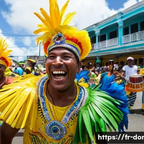 도미니카 연방의 전통 축제 - **Dominican Carnaval Celebration:** A vibrant, high-energy scene from the "Mas Domnik" carnival in D...
