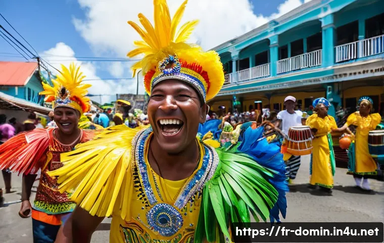 도미니카 연방의 전통 축제 - **Dominican Carnaval Celebration:** A vibrant, high-energy scene from the "Mas Domnik" carnival in D...