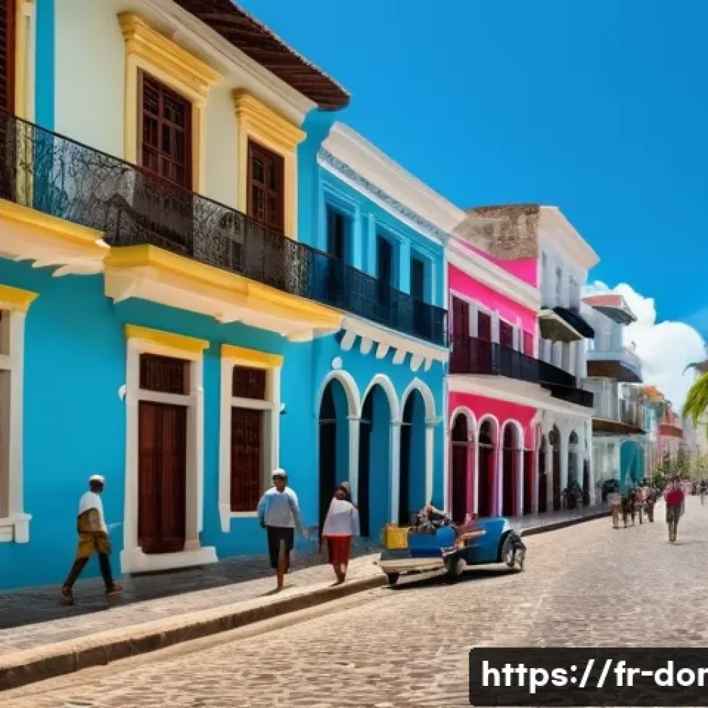 도미니카 연방 여행 안전 팁 - A vibrant street scene in Zona Colonial, Santo Domingo, showing well-maintained colonial architectur...