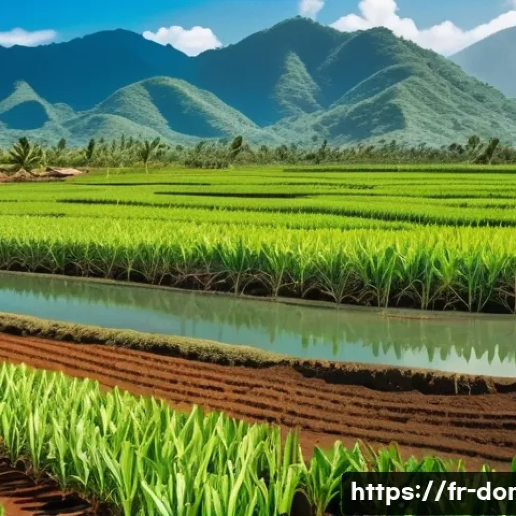 도미니카 연방 주요 산업 - A vibrant Dominican Republic agricultural landscape featuring vast sugarcane plantations under a bri...