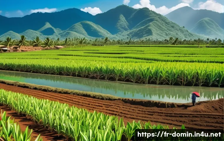 도미니카 연방 주요 산업 - A vibrant Dominican Republic agricultural landscape featuring vast sugarcane plantations under a bri...