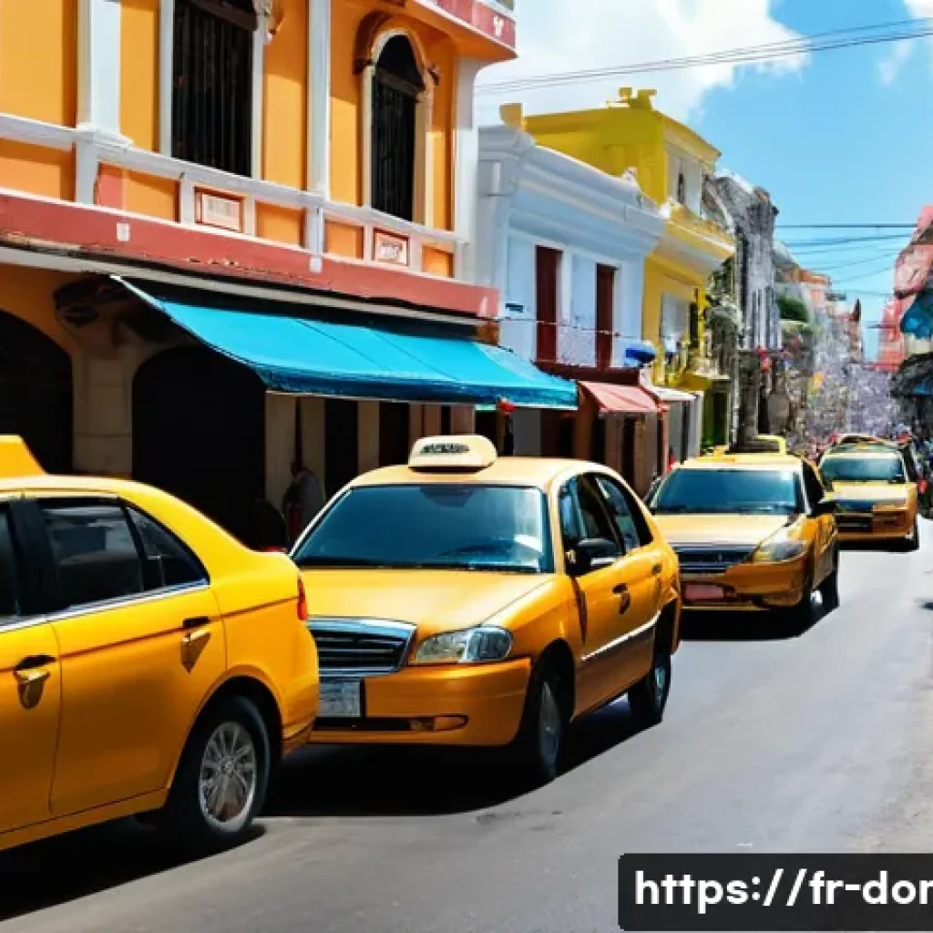 도미니카 연방 택시 이용법 - A bustling street scene in Santo Domingo, Dominican Republic, featuring official taxis with white an...