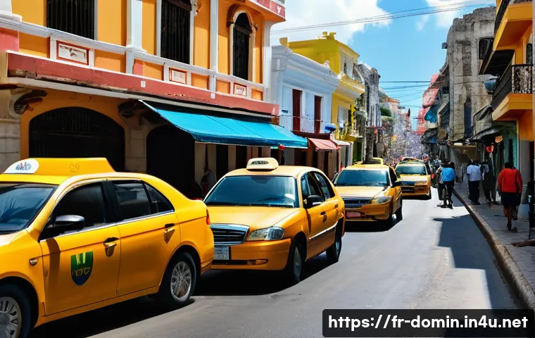 도미니카 연방 택시 이용법 - A bustling street scene in Santo Domingo, Dominican Republic, featuring official taxis with white an...