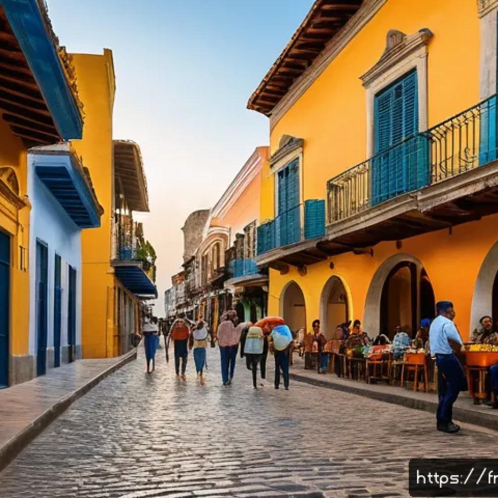 도미니카 연방에서의 치안 문제 - A vibrant street scene in Santo Domingo’s Zona Colonial at dusk, showcasing colorful colonial-style ...