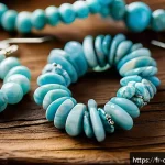 도미니카 연방에서 기념품 구매하기 - A detailed close-up of authentic Dominican larimar jewelry displayed on a rustic wooden table at a v...