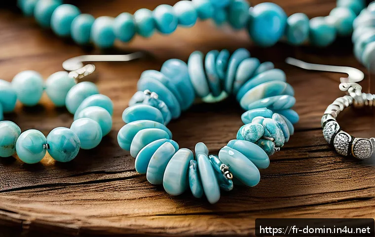 도미니카 연방에서 기념품 구매하기 - A detailed close-up of authentic Dominican larimar jewelry displayed on a rustic wooden table at a v...