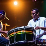 도미니카 연방의 문화 예술인 - A vibrant scene of a contemporary Dominican music festival at night, featuring a diverse group of yo...