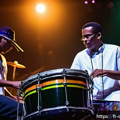 도미니카 연방의 문화 예술인 - A vibrant scene of a contemporary Dominican music festival at night, featuring a diverse group of yo...