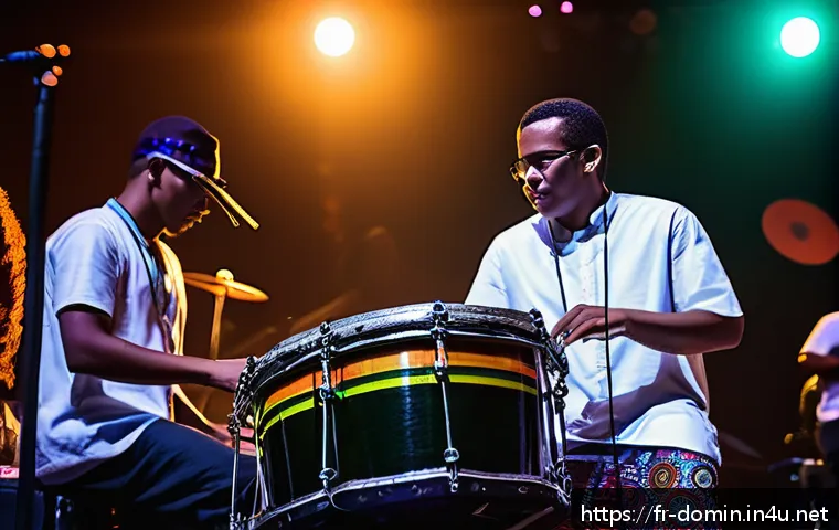 도미니카 연방의 문화 예술인 - A vibrant scene of a contemporary Dominican music festival at night, featuring a diverse group of yo...