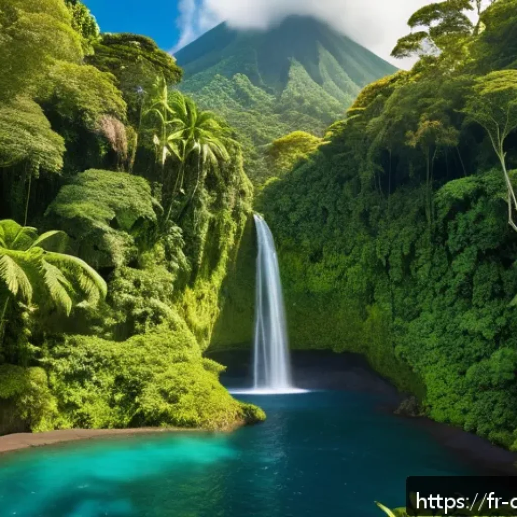 도미니카 연방과 바베이도스 비교 - A lush, wild tropical rainforest scene in Dominica featuring dense greenery, towering ancient trees,...
