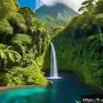 도미니카 연방과 바베이도스 비교 - A lush, wild tropical rainforest scene in Dominica featuring dense greenery, towering ancient trees,...