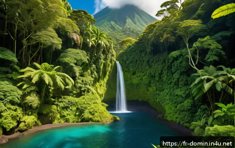 도미니카 연방과 바베이도스 비교 - A lush, wild tropical rainforest scene in Dominica featuring dense greenery, towering ancient trees,...