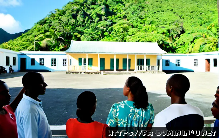 도미니카 연방의 정치적 이슈 - Photorealistic wide-angle view of a modest Caribbean parliamentary building in Roseau, Dominica, wit...