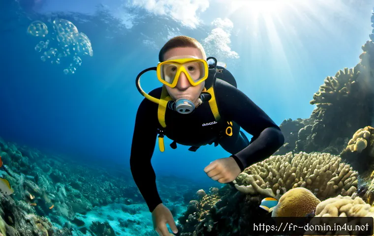 Home 17 도미니카 연방에서 스쿠버 다이빙 하기 - Photorealistic underwater scene in Dominica, a fully suited scuba diver with mask, regulator, wetsui...